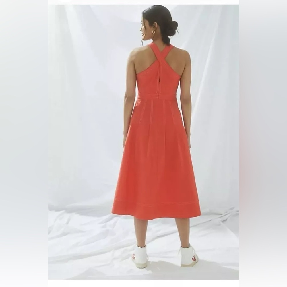 Anthropologie Maeve Alessandra Square Neck Cross-Back Zip Midi Dress Pockets 14 - Picture 5 of 16